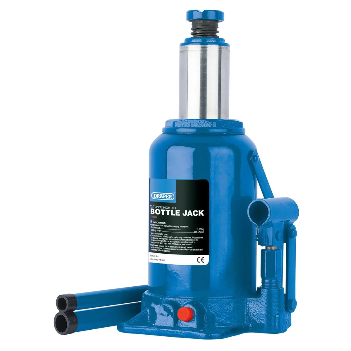 Draper High Lift Hydraulic Bottle Jack 12 Tonne 13126 White Rose Tools