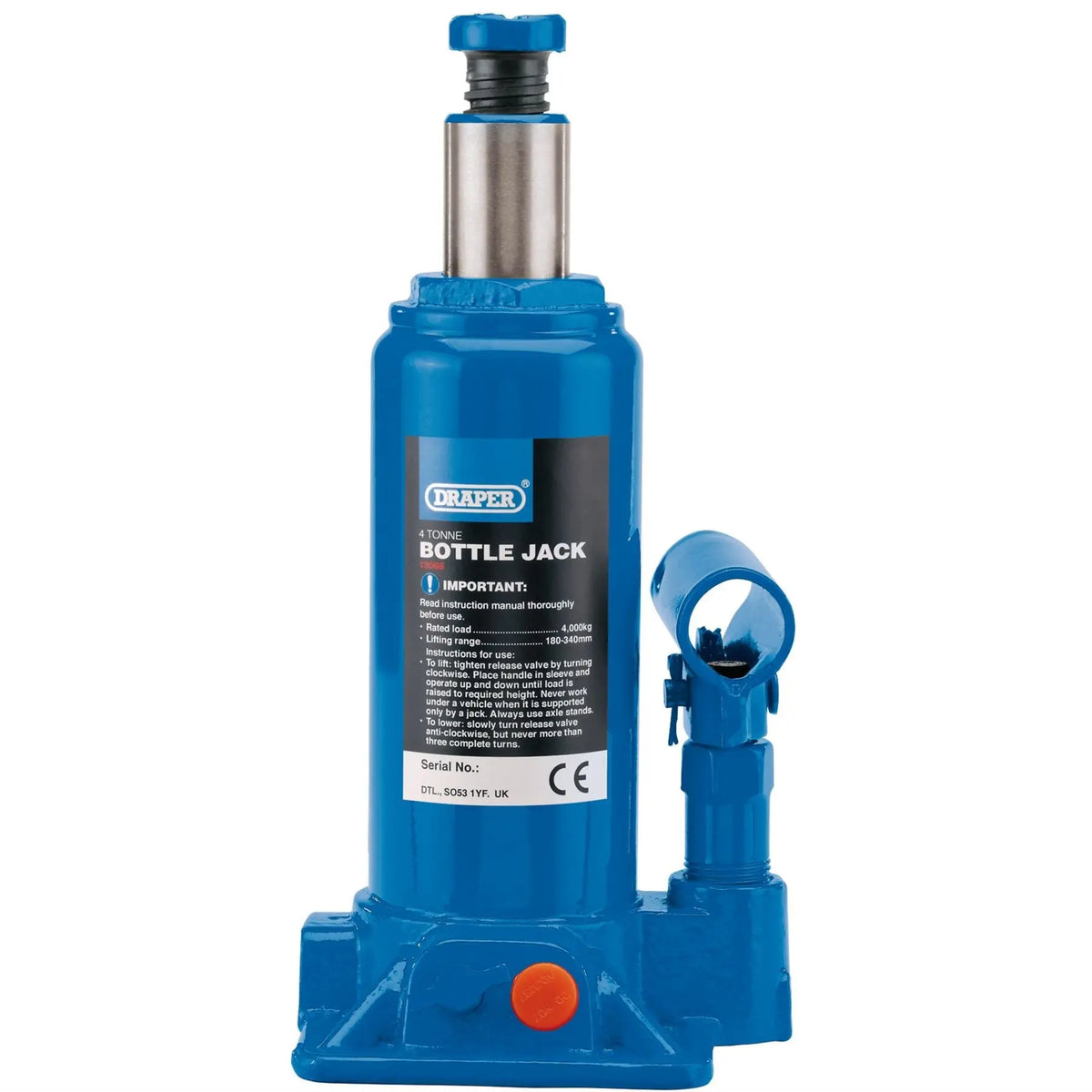 Draper Hydraulic Bottle Jack 4 Tonne 13066 White Rose Tools