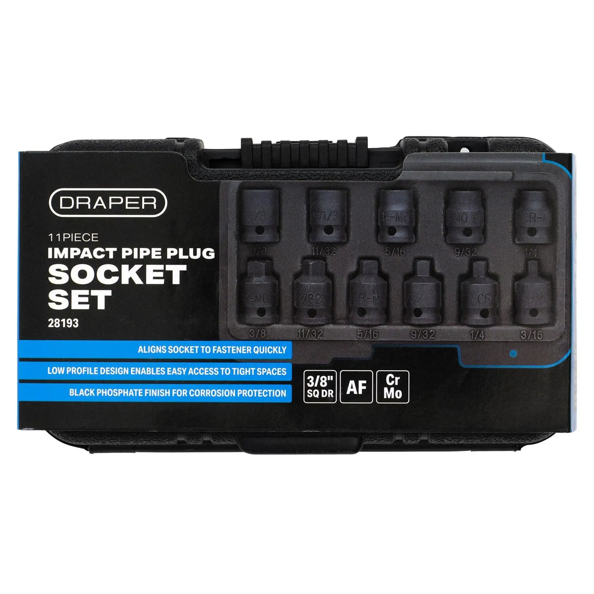 Draper Impact Pipe Plug Socket Set 3/8" Sq. Dr. (11 Piece) 28193 White Rose Tools
