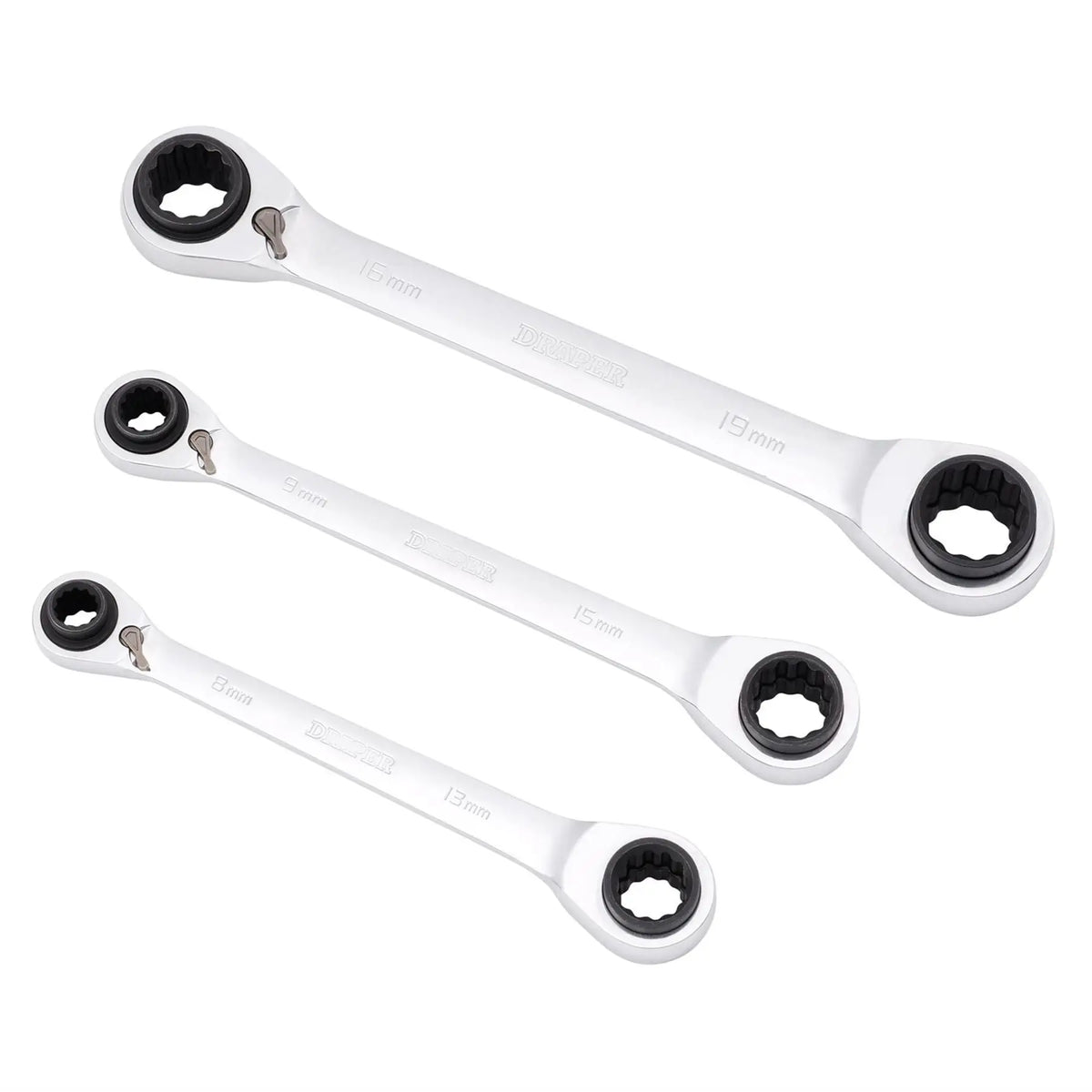 Draper Metric 4-in-1 Reversible Double Ring End Ratchet Spanner Set (3 Piece) 11652 White Rose Tools