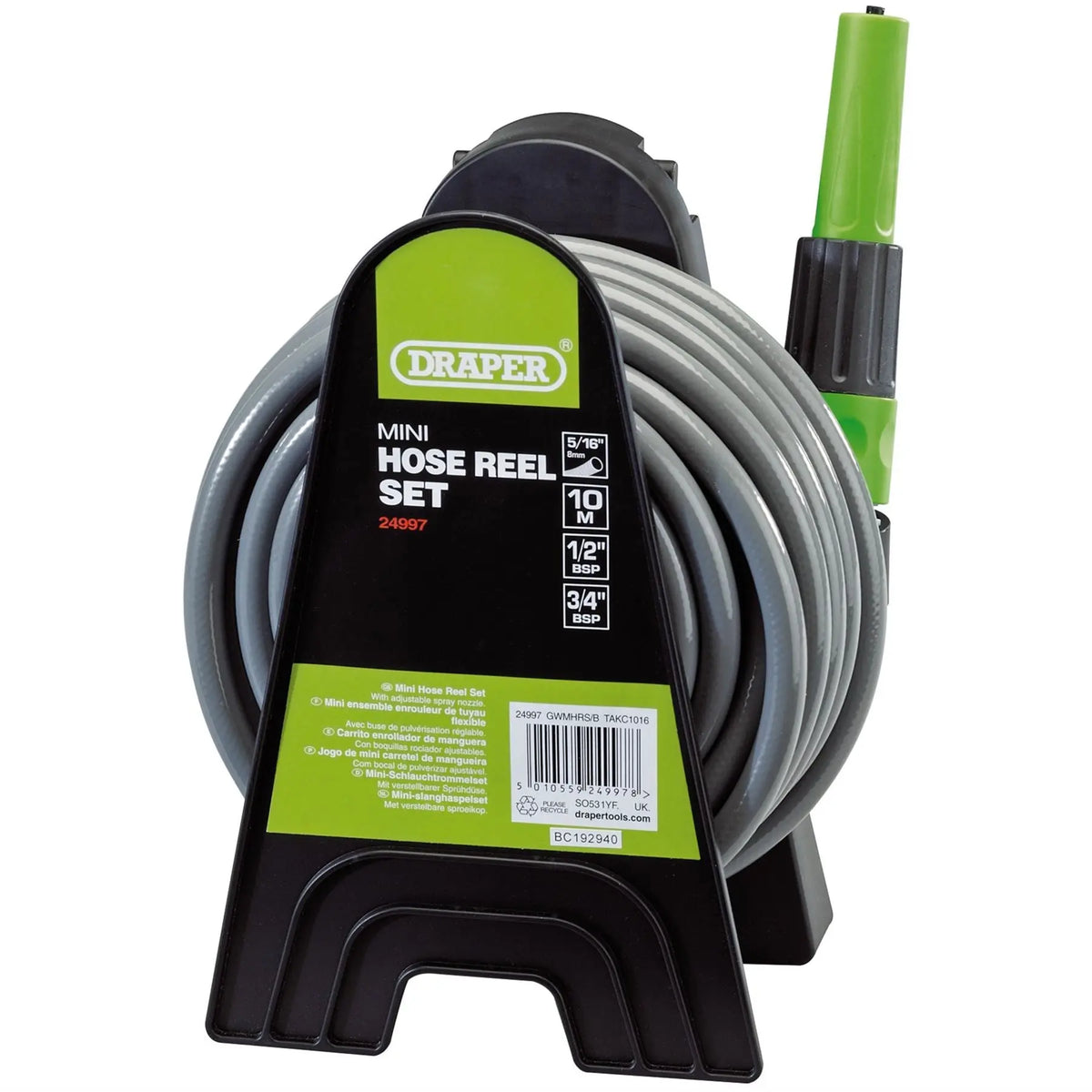 Draper Mini Hose Reel Set 8mm Bore 10m 24997 White Rose Tools