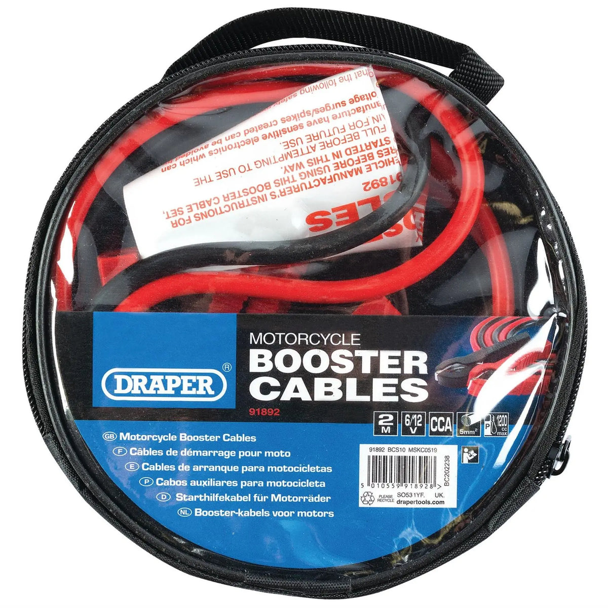 Draper Motorcycle Booster Cables 2m x 5mm² 91892 White Rose Tools