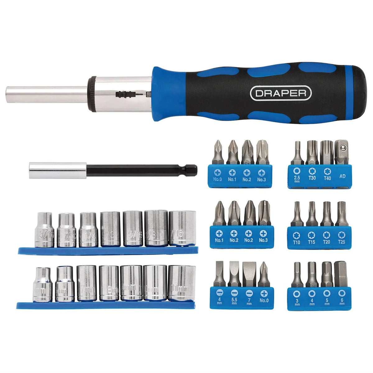 Draper Ratchet Screwdriver Socket and Bit Set 1/4" Sq. Dr. (40 Piece) 21010 White Rose Tools