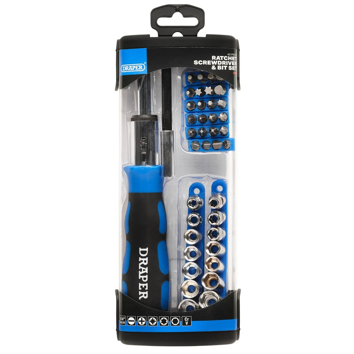 Draper Ratchet Screwdriver Socket and Bit Set 1/4" Sq. Dr. (40 Piece) 21010 White Rose Tools