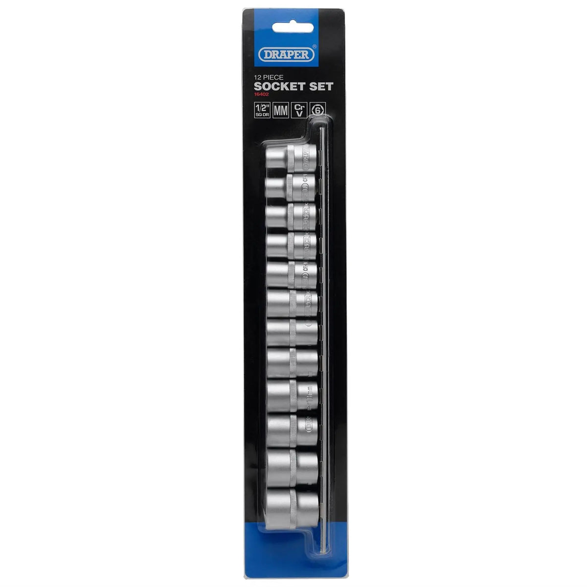 Draper Socket Set on Metal Rail 1/2" Sq. Dr. (12 Piece) 16402 White Rose Tools