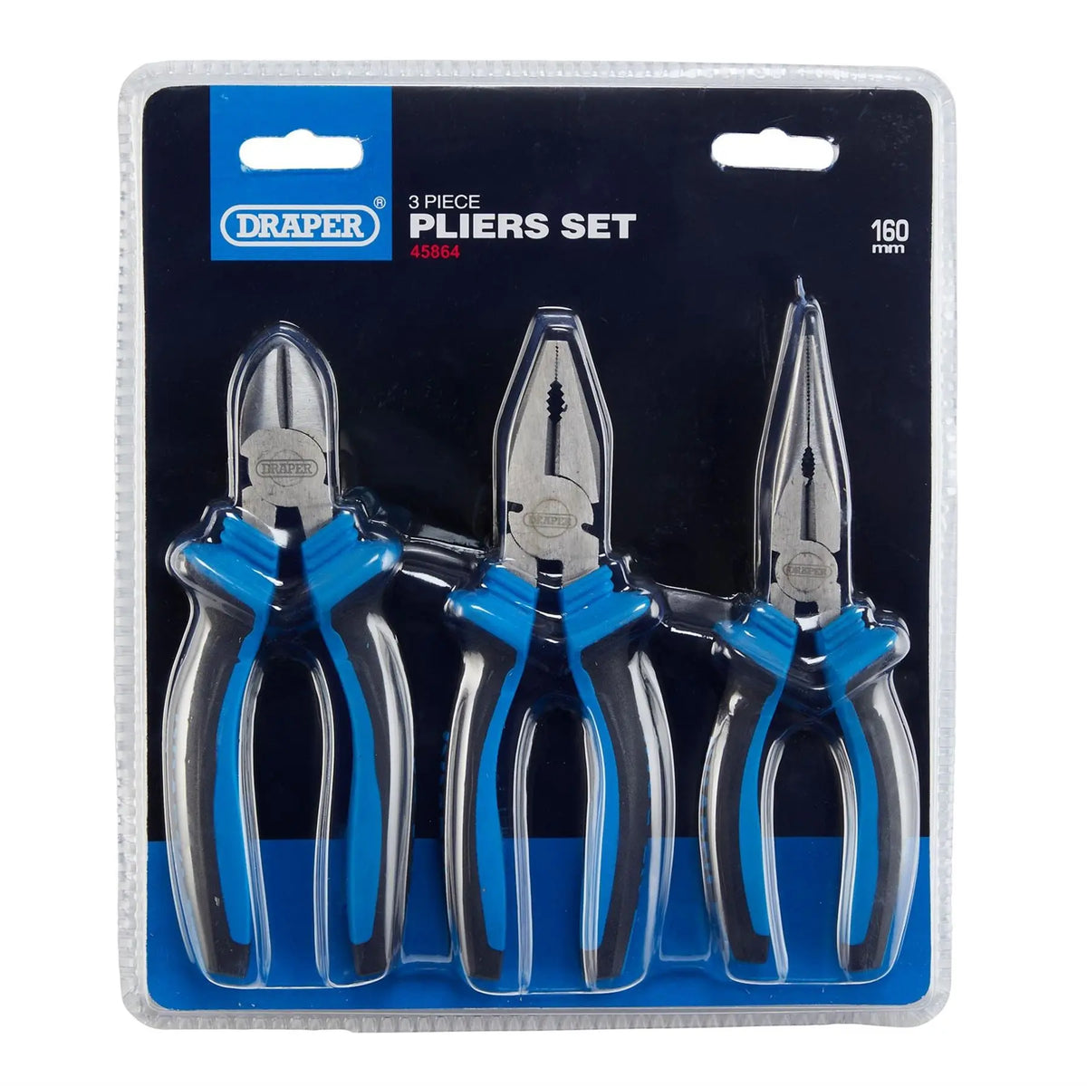 Draper Soft Grip Pliers Set 160mm Blue (3 Piece) 45864 White Rose Tools