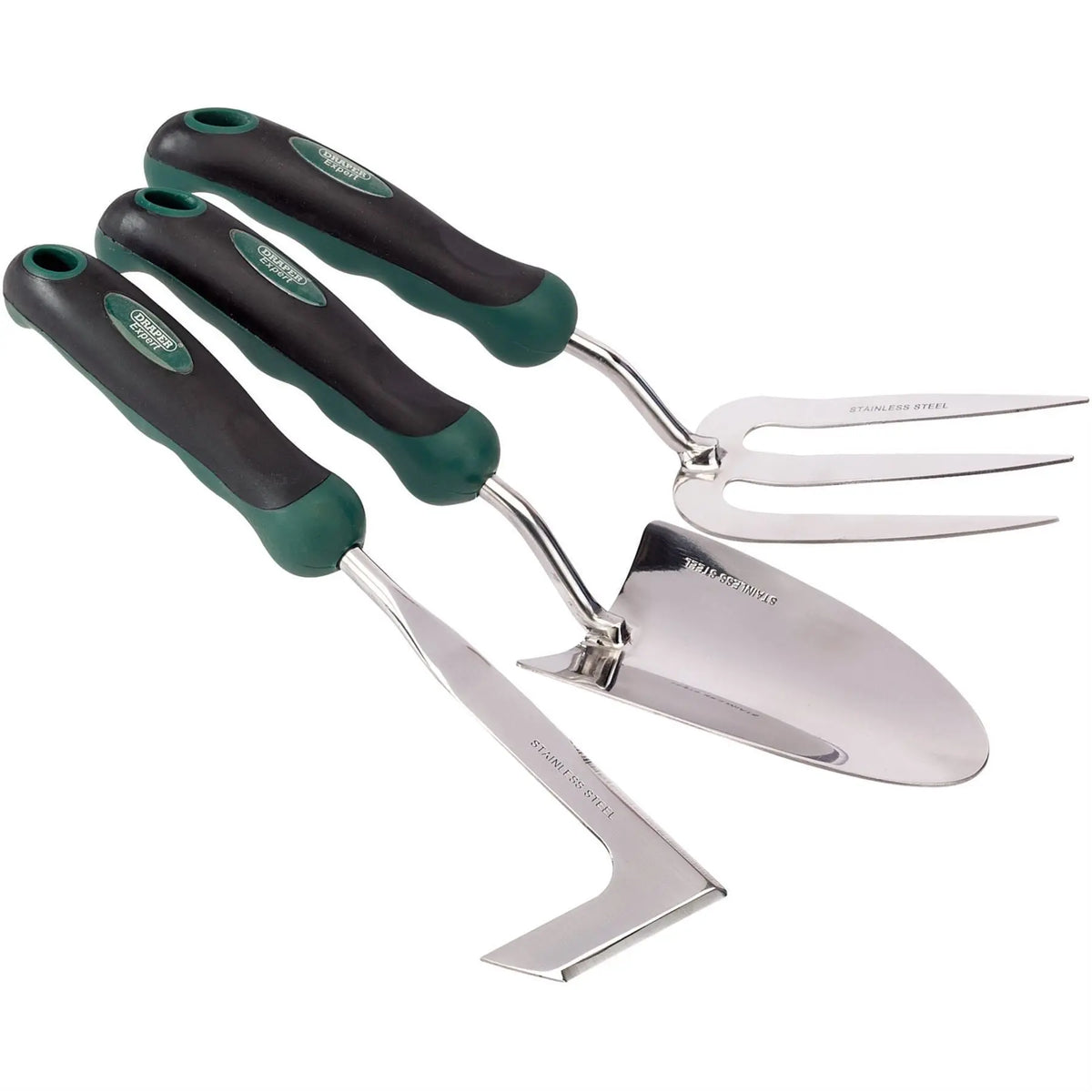 Draper Stainless Steel Heavy Duty Soft Grip Fork Trowel and Weeder Set (3 Piece) 27436 White Rose Tools