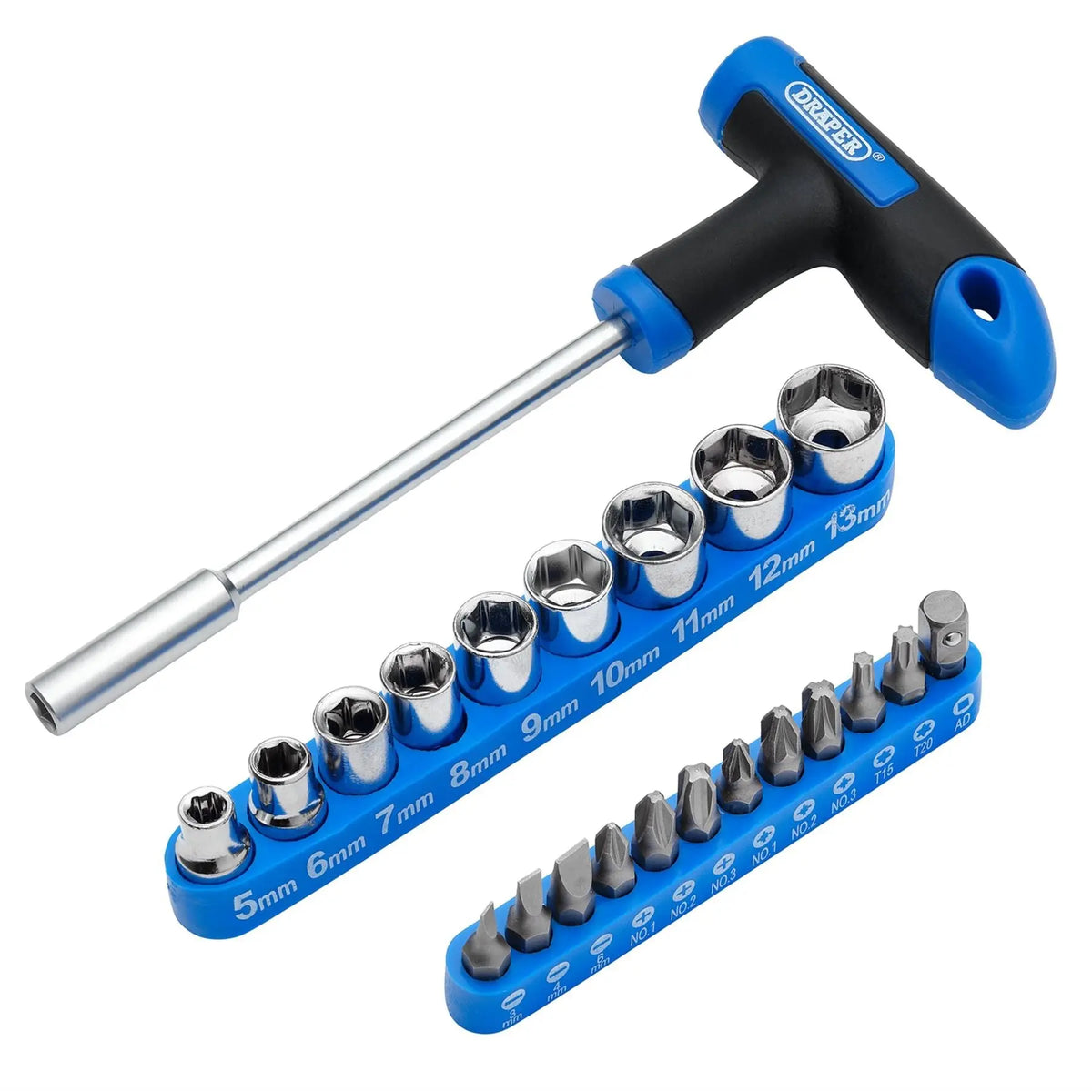 Draper T-Handle Screwdriver Socket and Bit Set 1/4" Sq. Dr. (22 Piece) 21011 White Rose Tools