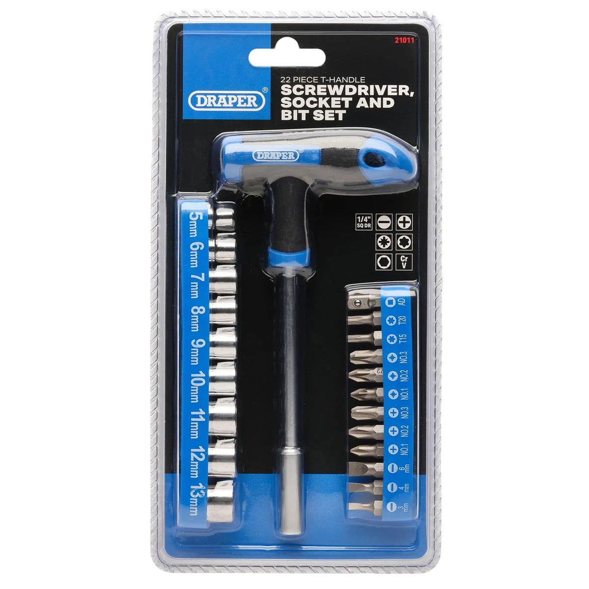 Draper T-Handle Screwdriver Socket and Bit Set 1/4" Sq. Dr. (22 Piece) 21011 White Rose Tools