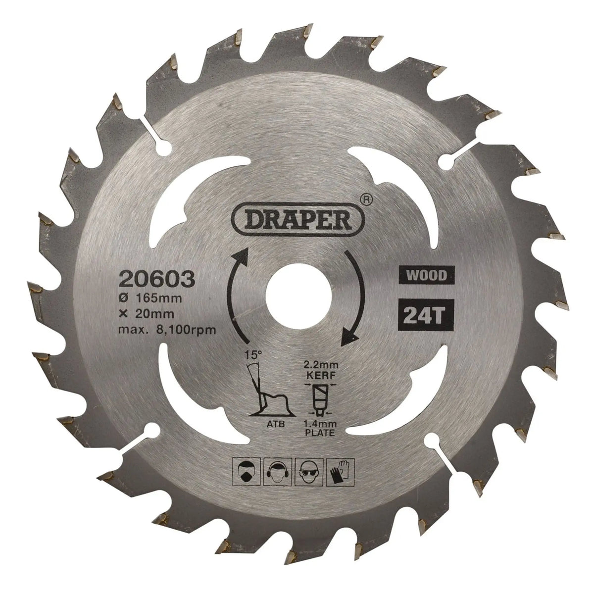 Draper TCT Circular Saw Blade for Wood 165 x 20mm 24T 20603 White Rose Tools