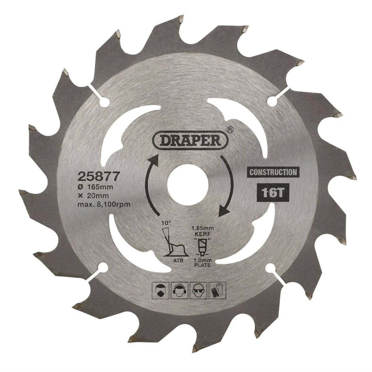 Draper TCT Cordless Construction Circular Saw Blade for Wood & Composites 165 x 20mm 16T 25877 White Rose Tools