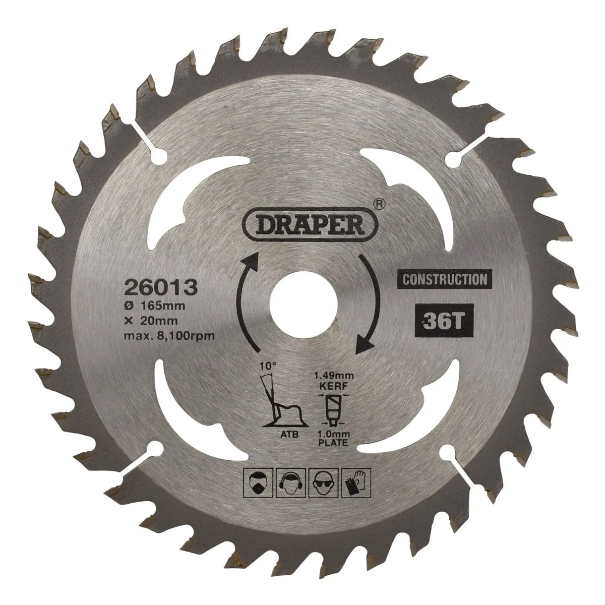 Draper TCT Cordless Construction Circular Saw Blade for Wood & Composites 165 x 20mm 36T 26013 White Rose Tools