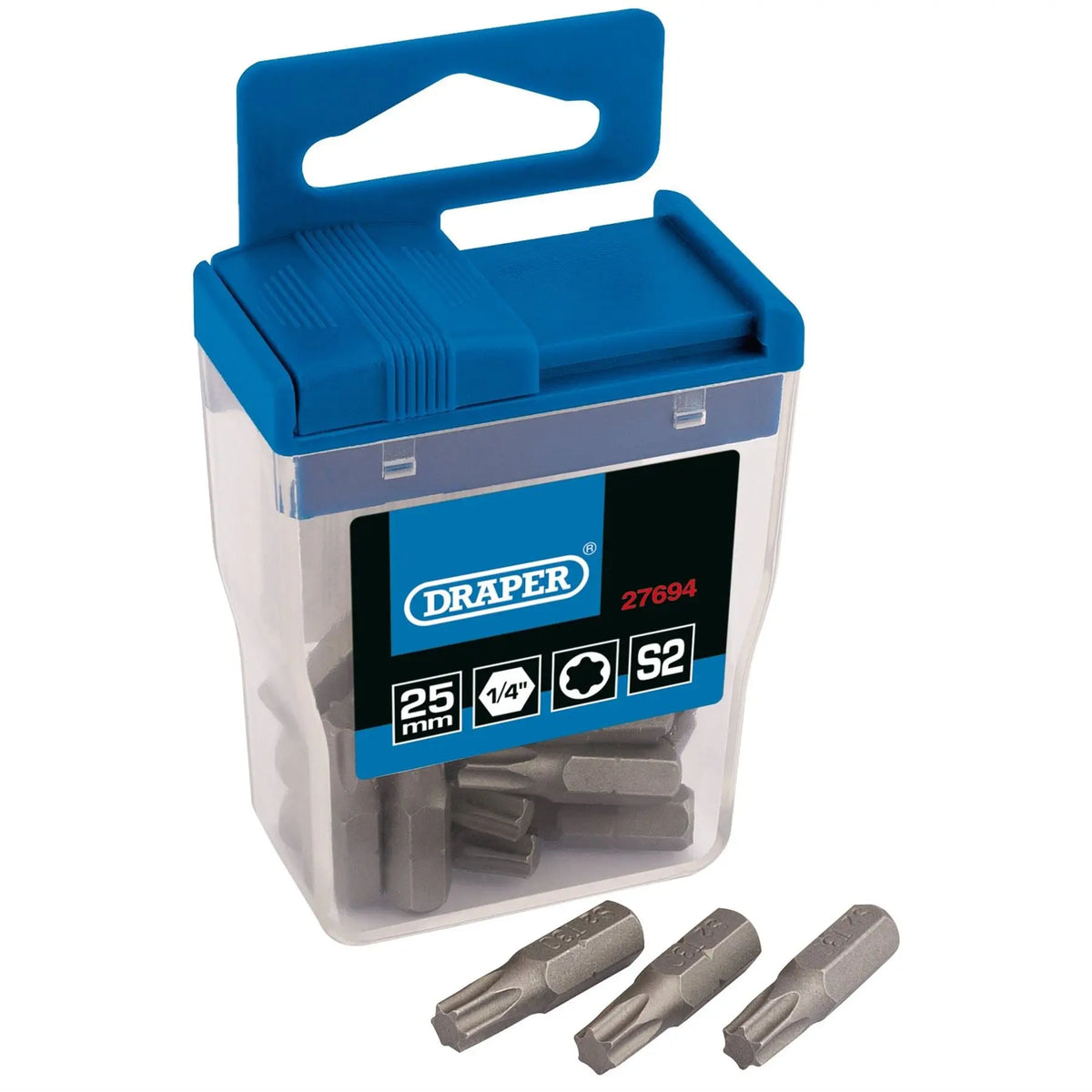 Draper TX-STAR® Long Insert Bits in Plastic Storage Case T30 x 25mm (Pack of 20) 27694 White Rose Tools