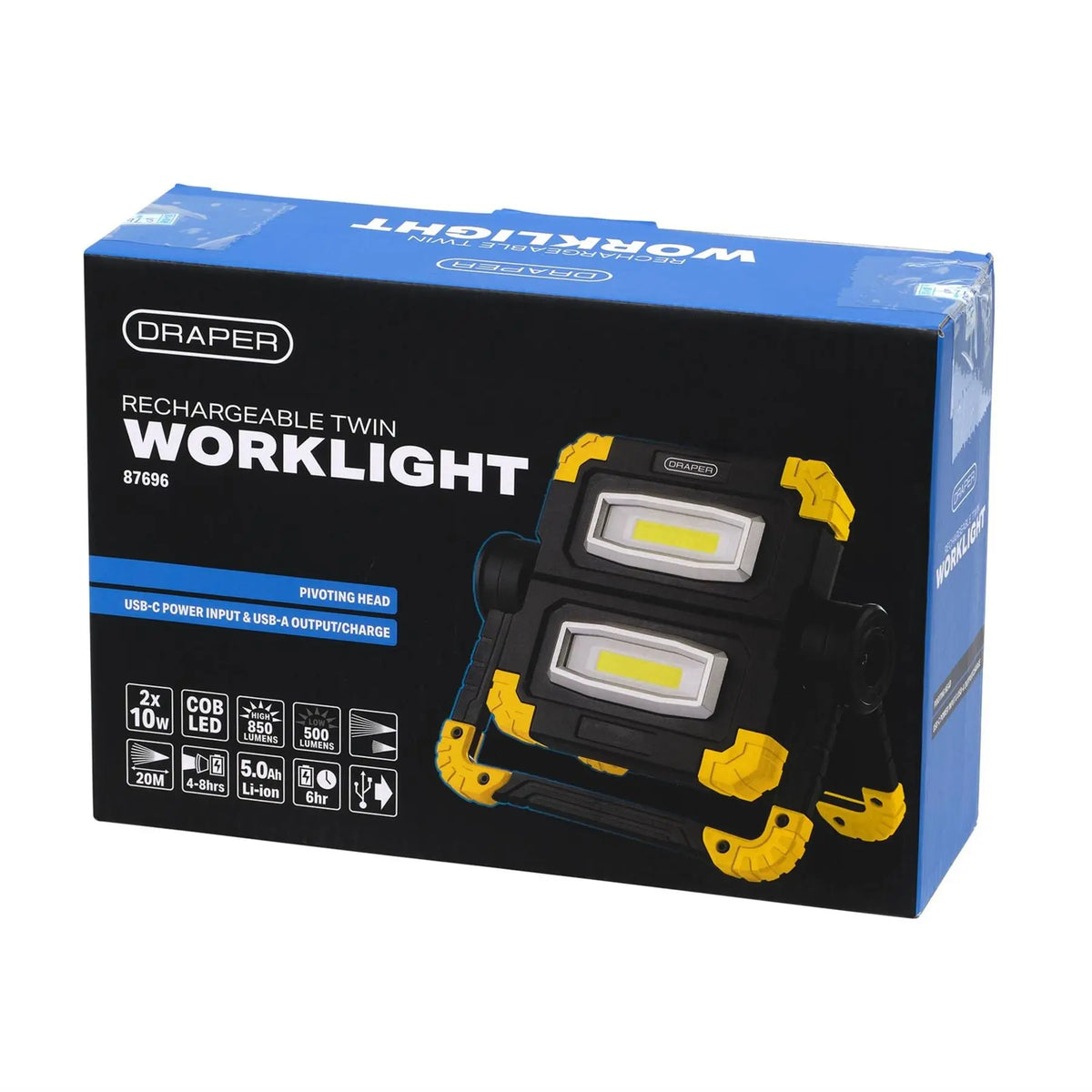 Draper Twin COB LED Rechargeable Work Light 10W 850 Lumens Micro USB Cable Supplied 87696 White Rose Tools