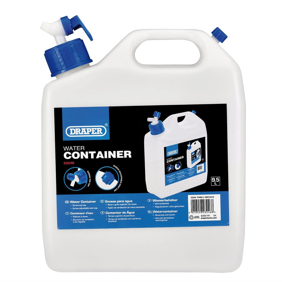 Draper Water Container with Tap 9.5L 23246 White Rose Tools