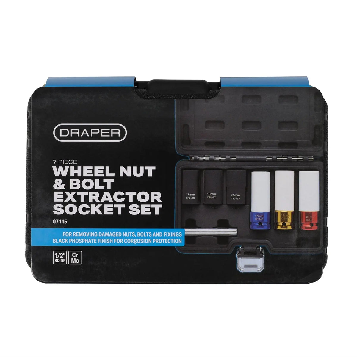 Draper Wheel Nut and Bolt Extractor Socket Set 1/2" Sq. Dr. (7 Piece) 07115 White Rose Tools