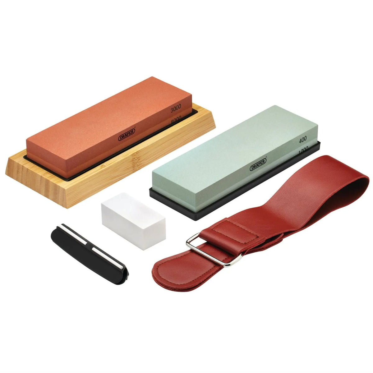 Draper Whetstone Sharpening Stone Set with Non-Slip Base and Angle Guide 400/1000/3000/8000 Grit 23968 White Rose Tools