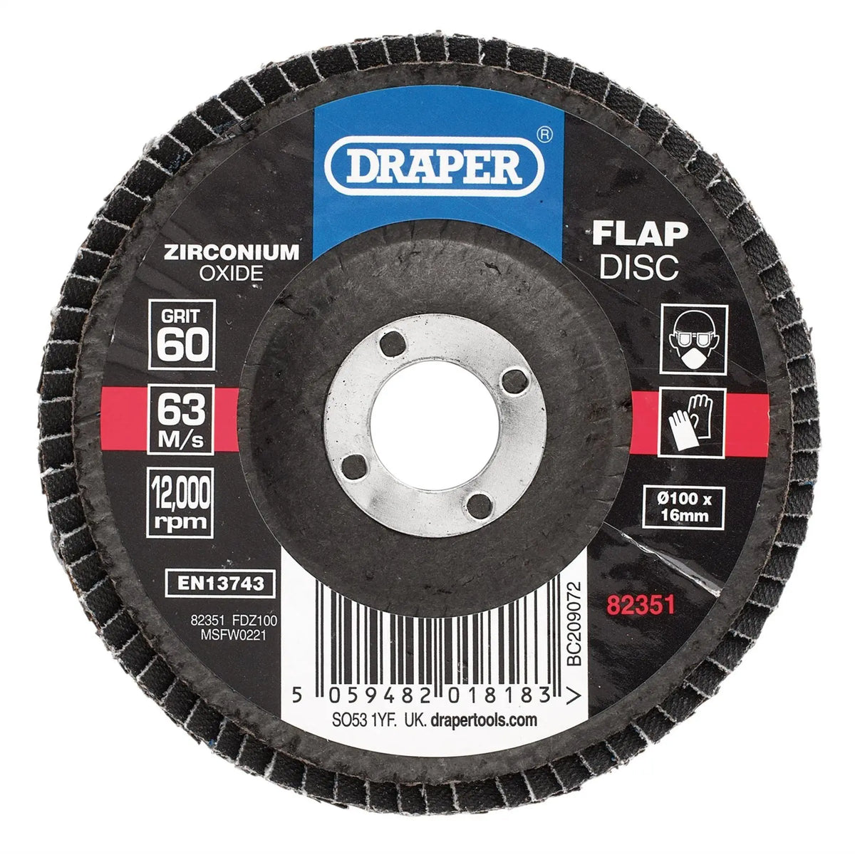 Draper Zirconium Oxide Flap Disc 100 x 16mm 60 Grit 82351 White Rose Tools