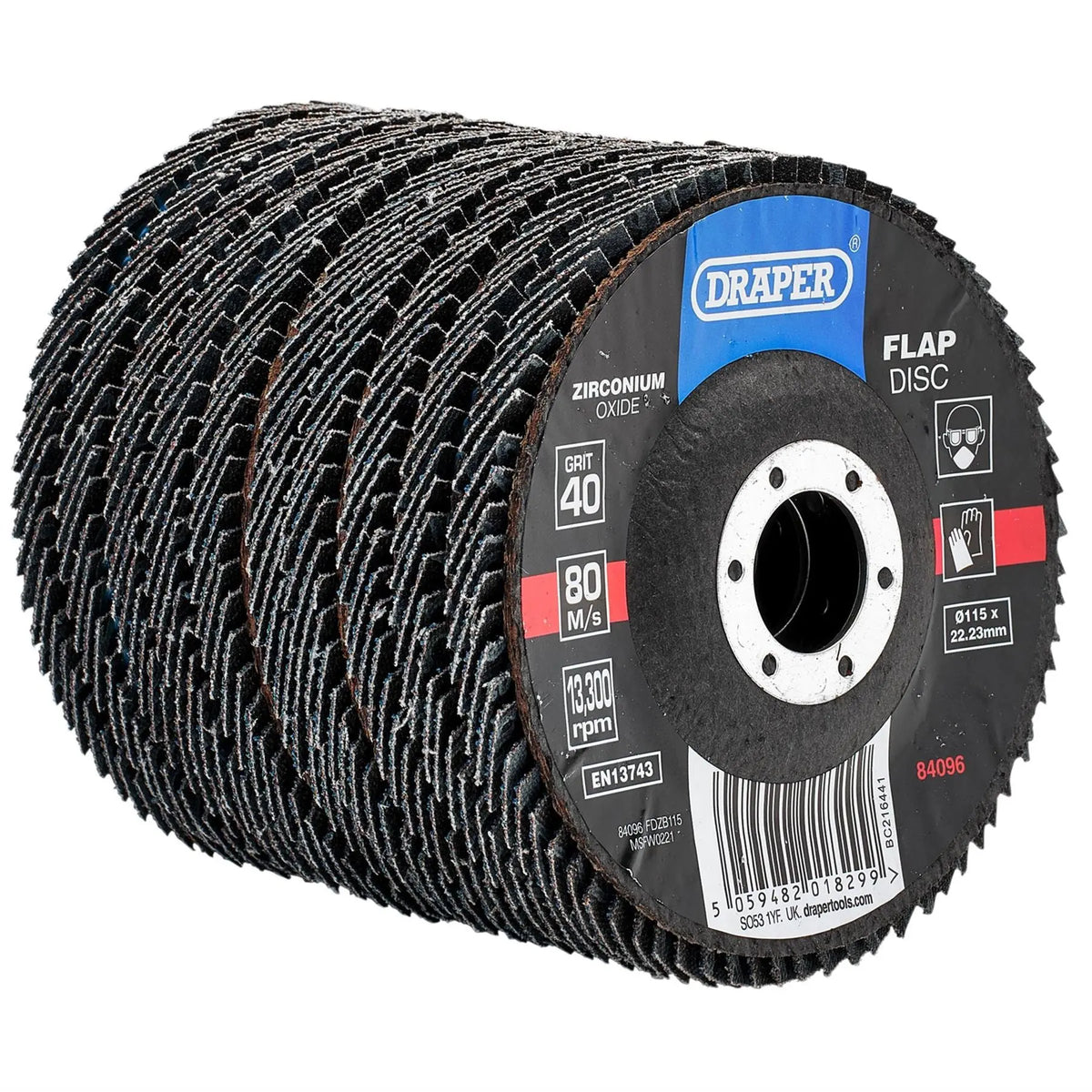 Draper Zirconium Oxide Flap Discs 115 x 22.23mm 40 Grit (Pack of 10) 84096 White Rose Tools