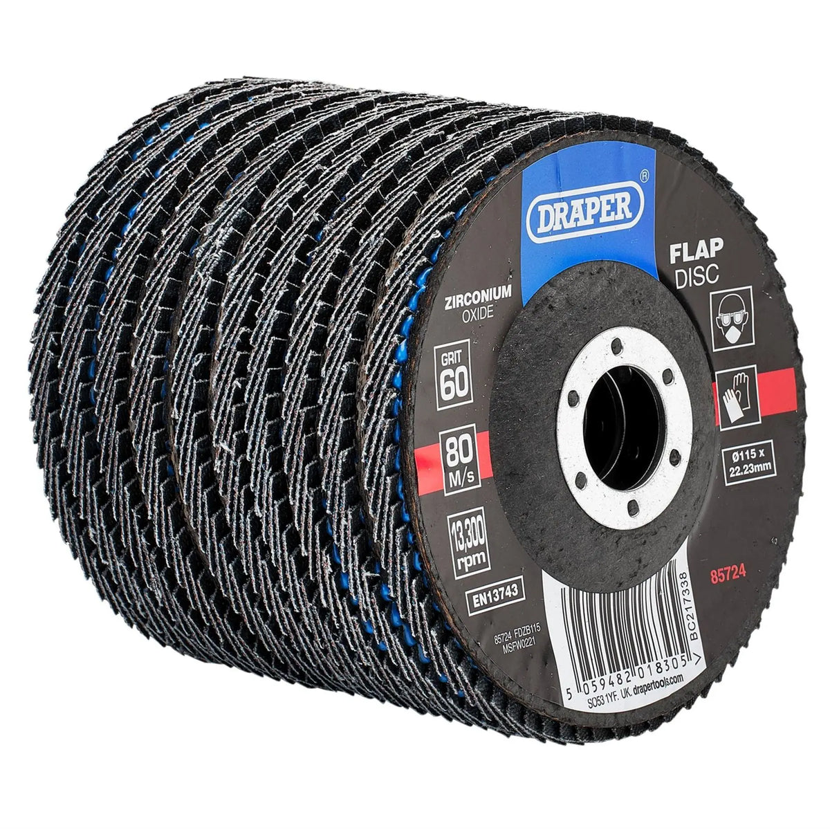 Draper Zirconium Oxide Flap Discs 115 x 22.23mm 60 Grit (Pack of 10) 85724 White Rose Tools