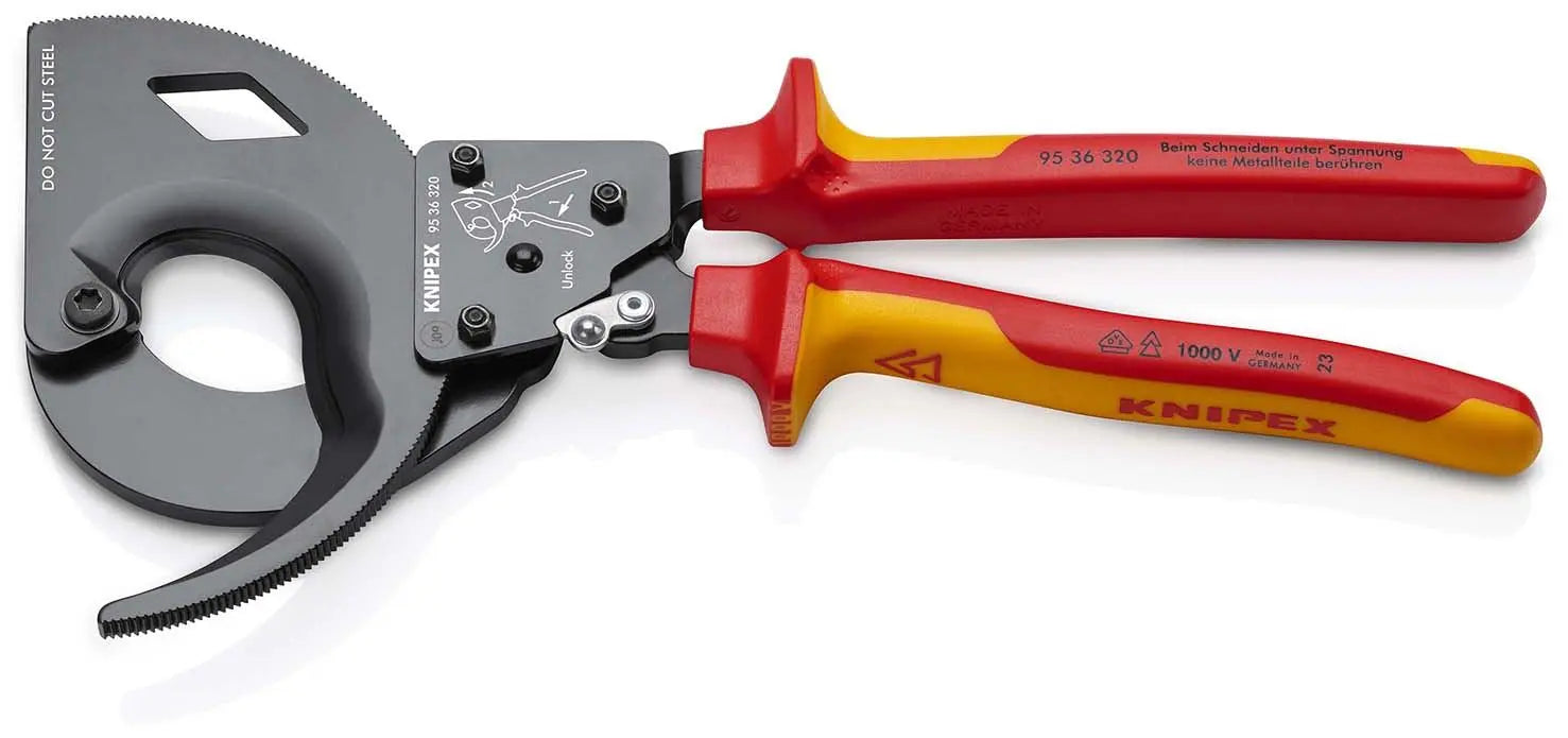 KNIPEX Cable Cutter Ratchet Action 3 Stage 60mm Diameter 320mm VDE Insulated Multi Component Grips 95 36 320 White Rose Tools