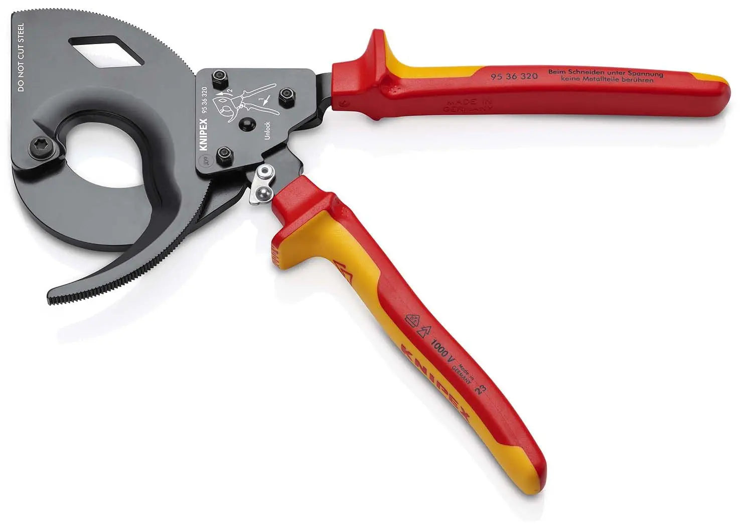KNIPEX Cable Cutter Ratchet Action 3 Stage 60mm Diameter 320mm VDE Insulated Multi Component Grips 95 36 320 White Rose Tools