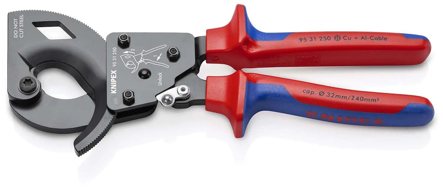 KNIPEX Cable Cutter Ratchet Action 32mm Diameter Cutting Capacity 250mm Multi Component Grips 95 31 250 White Rose Tools