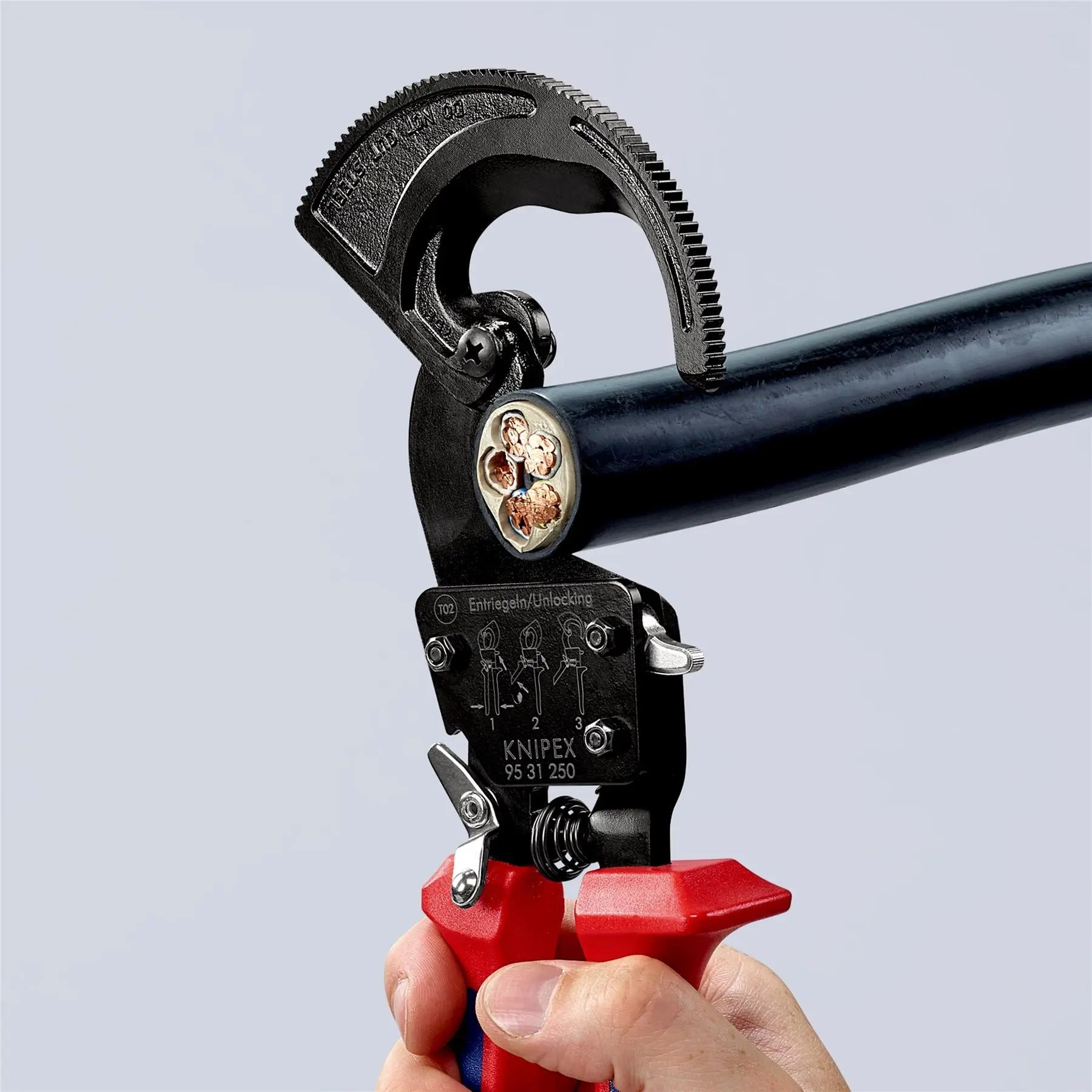 KNIPEX Cable Cutter Ratchet Action 32mm Diameter Cutting Capacity 250mm Multi Component Grips 95 31 250 White Rose Tools