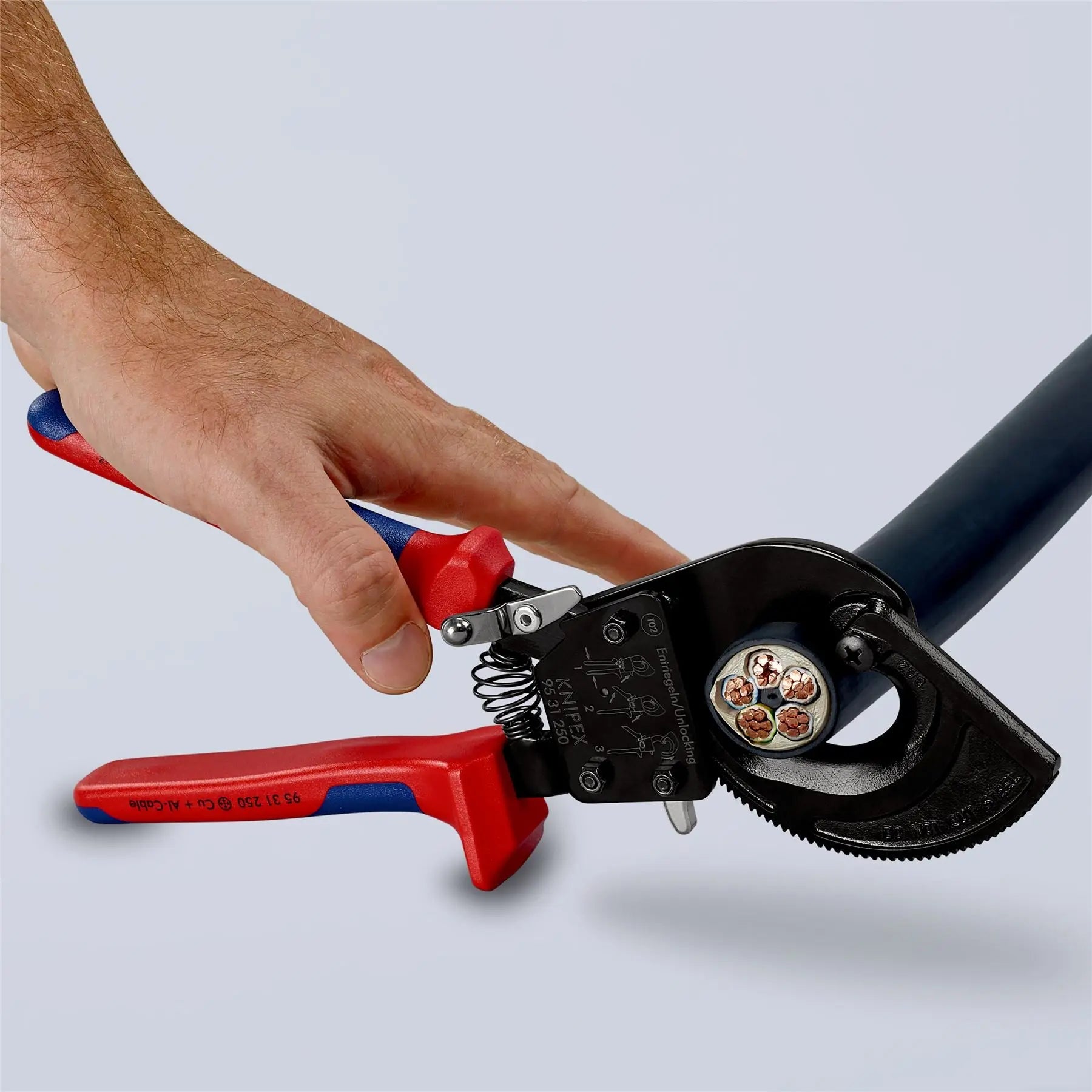 KNIPEX Cable Cutter Ratchet Action 32mm Diameter Cutting Capacity 250mm Multi Component Grips 95 31 250 White Rose Tools