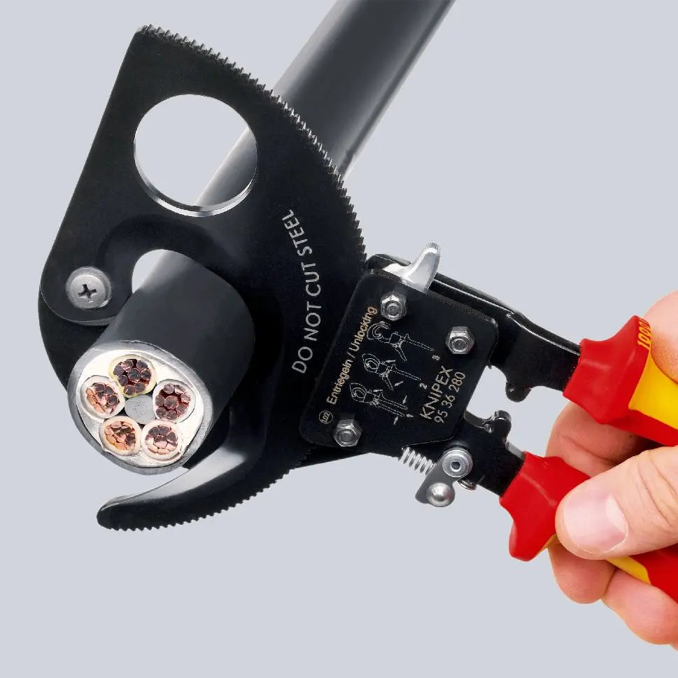 KNIPEX Cable Cutter Ratchet Action 32mm Diameter Cutting Capacity 250mm VDE Insulated Multi Component Grips 95 36 250  White Rose Tools