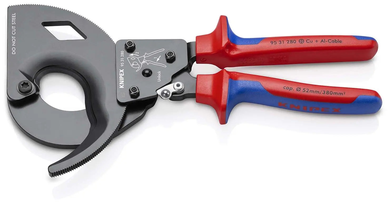 KNIPEX Cable Cutter Ratchet Action 52mm Diameter Cutting Capacity 280mm Multi Component Grips 95 31 280 White Rose Tools