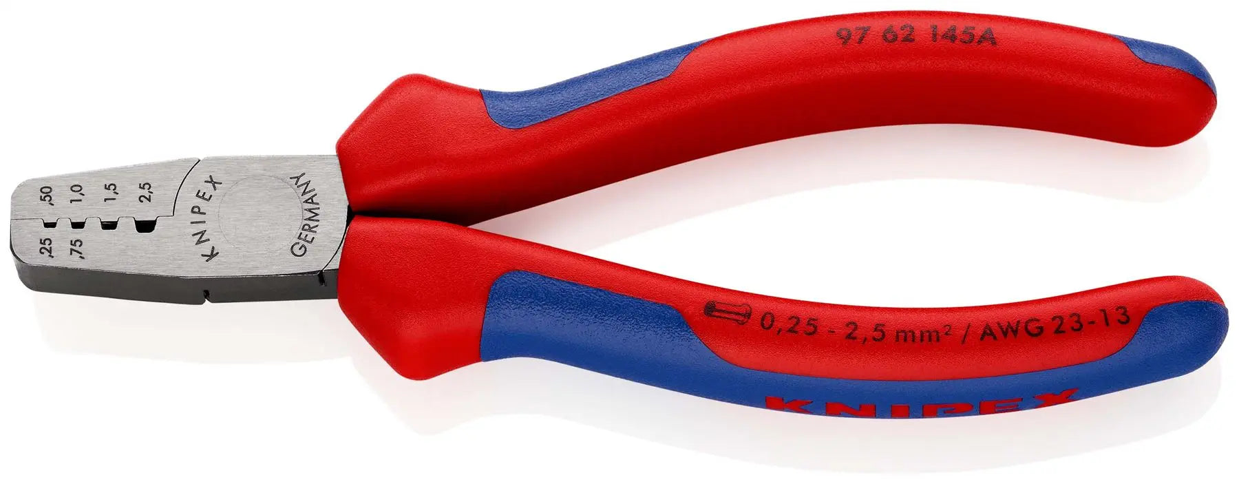 KNIPEX Crimping Pliers for Wire Ferrules 145mm 0.25-2.5mm² 145mm Multi Component Grips 97 62 145 A White Rose Tools