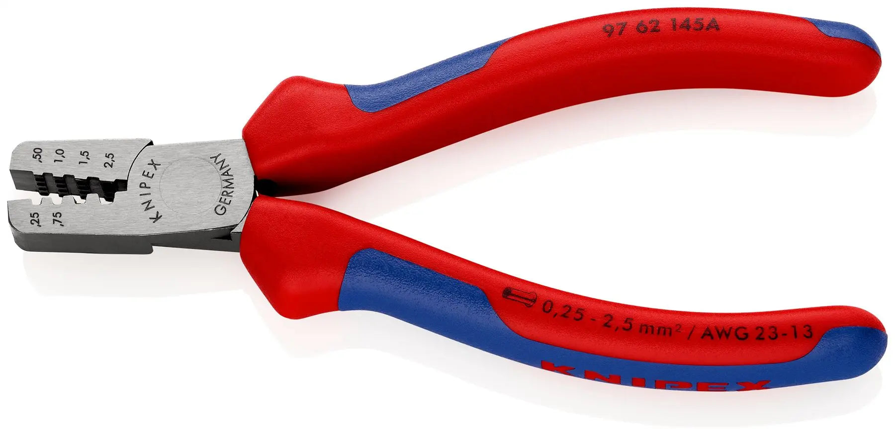 KNIPEX Crimping Pliers for Wire Ferrules 145mm 0.25-2.5mm² 145mm Multi Component Grips 97 62 145 A White Rose Tools
