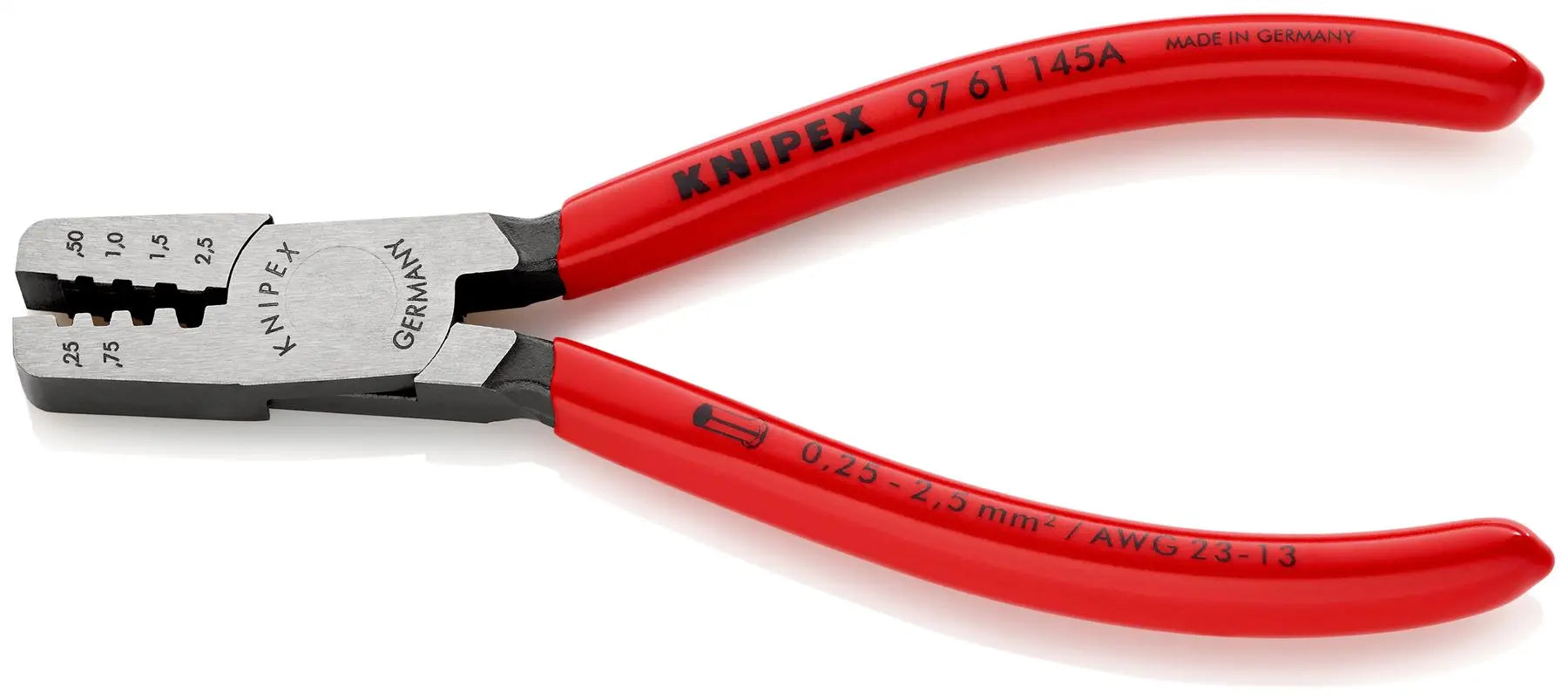 KNIPEX Crimping Pliers for Wire Ferrules 145mm 0.25-2.5mm² 145mm Plastic Coated Handles 97 61 145 A White Rose Tools