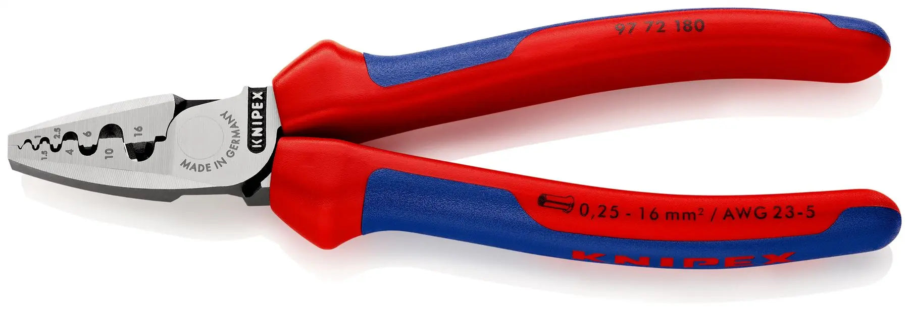KNIPEX Crimping Pliers for Wire Ferrules 180mm 0.25-16mm² 180mm Multi Component Grips 97 72 180 White Rose Tools