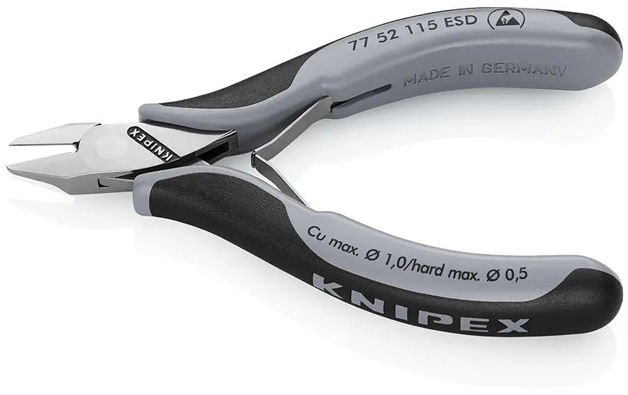 KNIPEX Electronics Diagonal Cutter Pliers Pointed Flat Head Small Bevel 115mm Multi Component Grips 77 52 115 ESD White Rose Tools