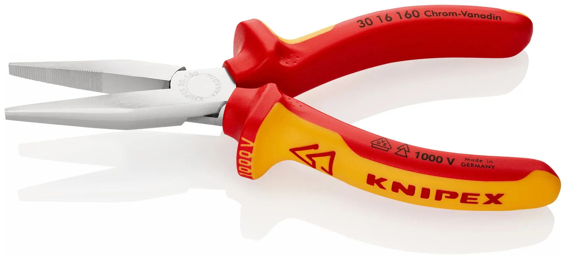 KNIPEX Long Nose Pliers Heavy Duty Wear Resisting 160mm VDE Chrome Multi Component Grips 30 16 160 White Rose Tools