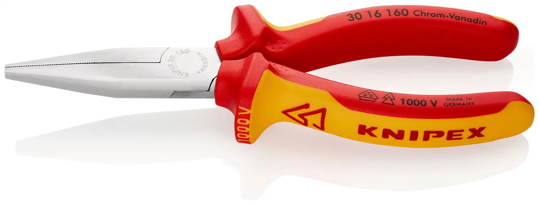 KNIPEX Long Nose Pliers Heavy Duty Wear Resisting 160mm VDE Chrome Multi Component Grips 30 16 160 SB White Rose Tools