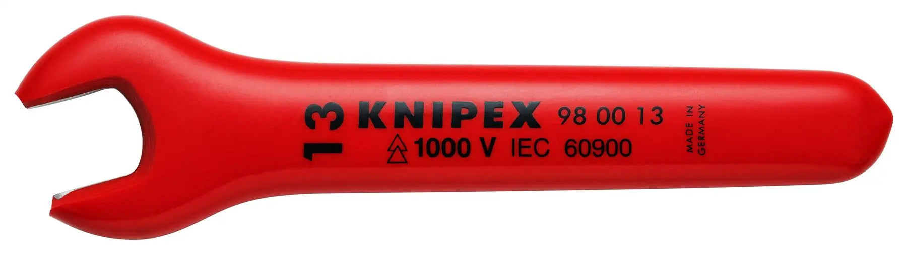 KNIPEX Open End Wrench Spanner 13mm Insulated VDE 1000V 130mm Long 15° Jaw Angle 98 00 13 White Rose Tools