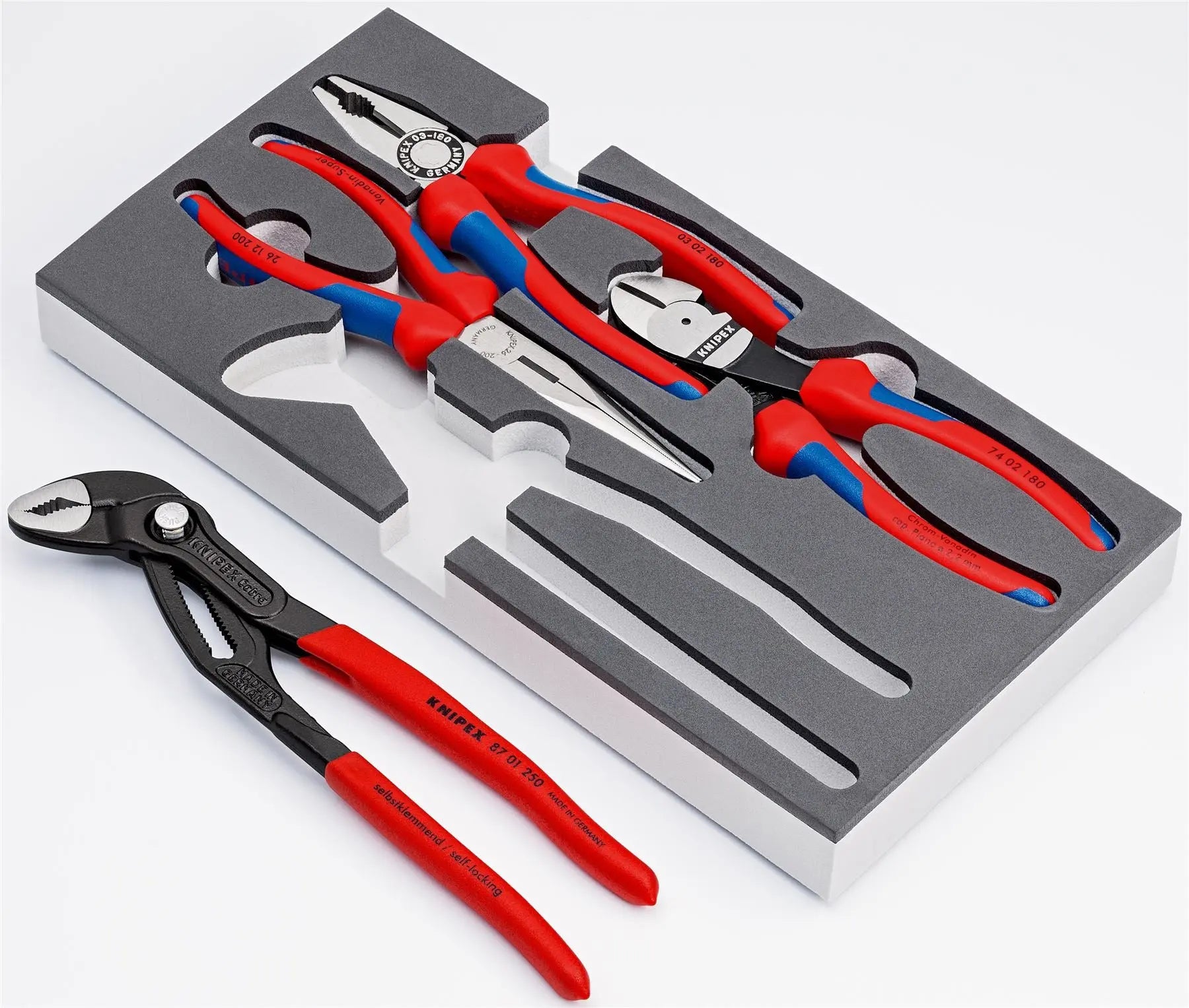 KNIPEX Plier Set in Foam Tray 4 Pieces Cobra Combi Side Cutting Pliers 00 20 01 V15 White Rose Tools