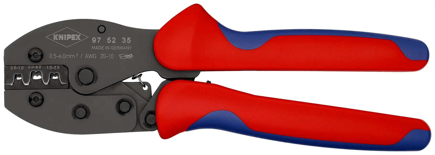 KNIPEX PreciForce Crimping Pliers for Non Insulated Open Plug Type Connectors Plug Width 4.8 + 6.3mm 220mm 97 52 35  White Rose Tools