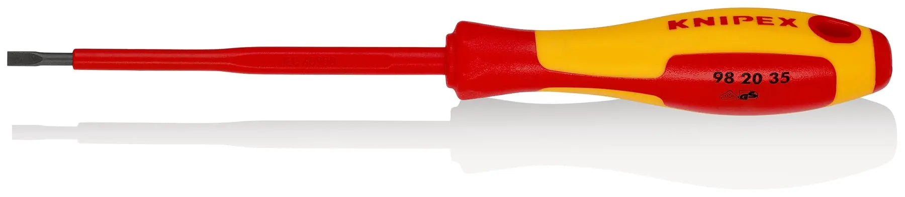 KNIPEX Screwdriver for Slotted Screws 3.5 x 0.6mm VDE Insulated Multi Component Grips 202mm 98 20 35 White Rose Tools