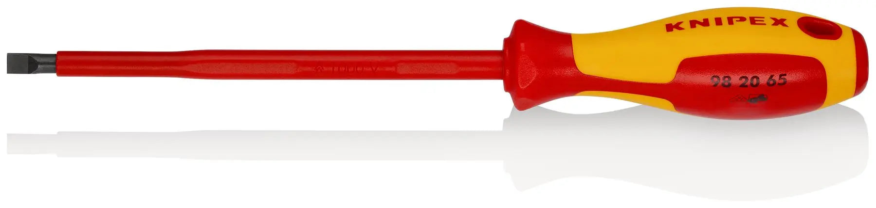 KNIPEX Screwdriver for Slotted Screws 6.5 x 1.2mm VDE Insulated Multi Component Grips 262mm 98 20 65 White Rose Tools