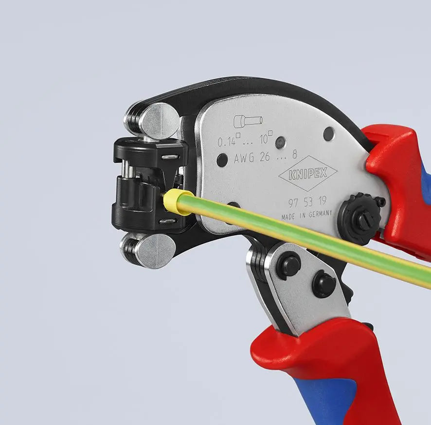 KNIPEX Twistor T Self Adjusting Crimping Pliers Wire Ferrules Rotatable Die Head 0.14-10mm² 200mm Multi Component Grips 97 53 19 White Rose Tools