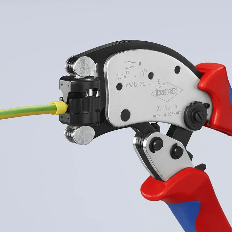 KNIPEX Twistor T Self Adjusting Crimping Pliers Wire Ferrules Rotatable Die Head 0.14-10mm² 200mm Multi Component Grips 97 53 19 White Rose Tools