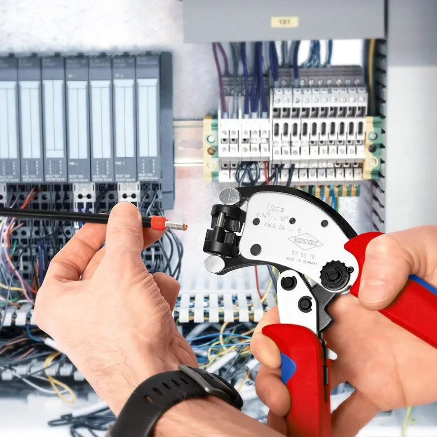 KNIPEX Twistor T Self Adjusting Crimping Pliers Wire Ferrules Rotatable Die Head 0.14-10mm² 200mm Multi Component Grips 97 53 19 White Rose Tools