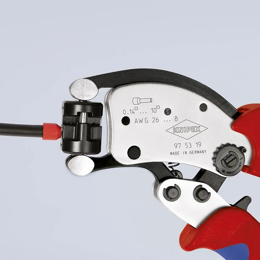 KNIPEX Twistor T Self Adjusting Crimping Pliers Wire Ferrules Rotatable Die Head 0.14-10mm² 200mm Multi Component Grips 97 53 19 White Rose Tools