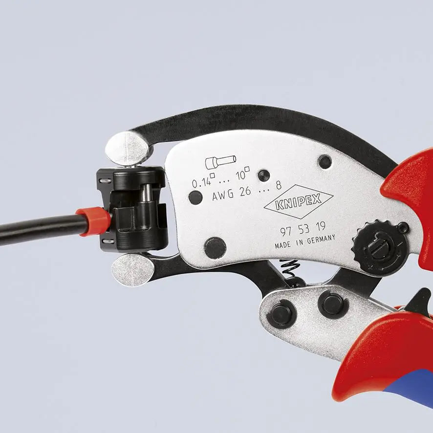 KNIPEX Twistor T Self Adjusting Crimping Pliers Wire Ferrules Rotatable Die Head 0.14-10mm² 200mm Multi Component Grips 97 53 19 White Rose Tools