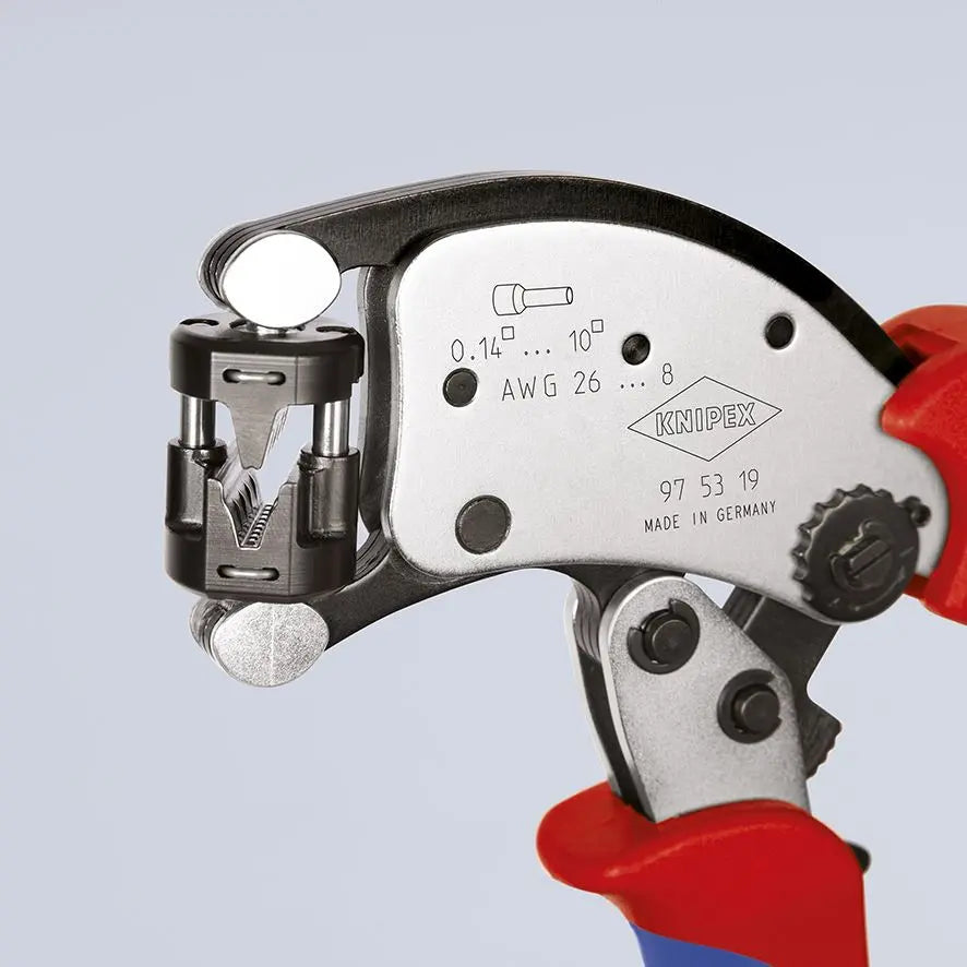 KNIPEX Twistor T Self Adjusting Crimping Pliers Wire Ferrules Rotatable Die Head 0.14-10mm² 200mm Multi Component Grips 97 53 19 White Rose Tools
