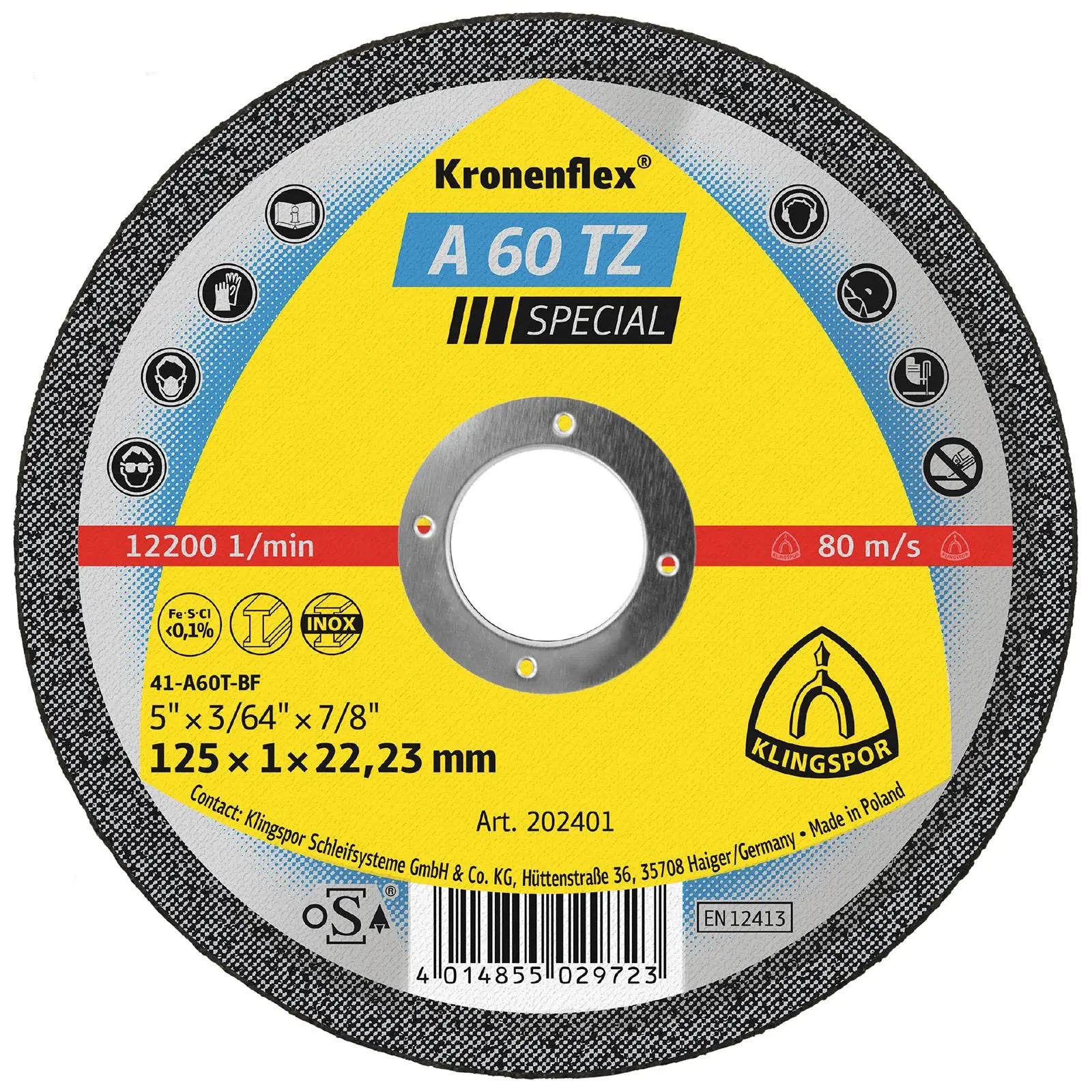 Klingspor Cutting Discs A60TZ Kronenflex for Stainless Steel 125mm x 1mm x 22.23mm - Choose Pack Size White Rose Tools